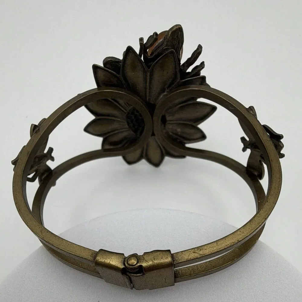 Bronze Tone Flower Bee Hinged Cuff Bracelet Metal